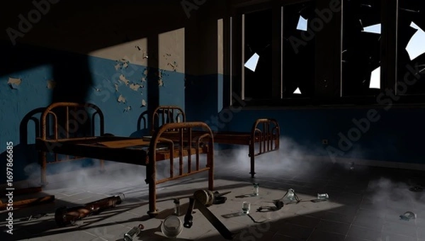 Fototapeta Atmospheric dimly lit room with furniture casting long shadows and abstract light patterns