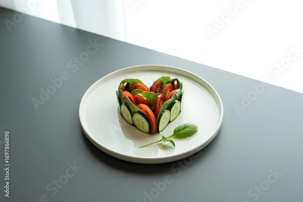 Fototapeta Fresh heart-shaped salad with vibrant tomatoes and crisp cucumbers sparks healthy eating inspiration