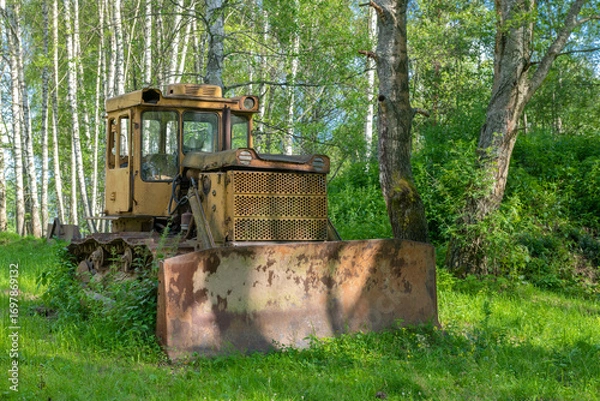 Fototapeta A big old bulldozer stands in a birch grove on a summer day