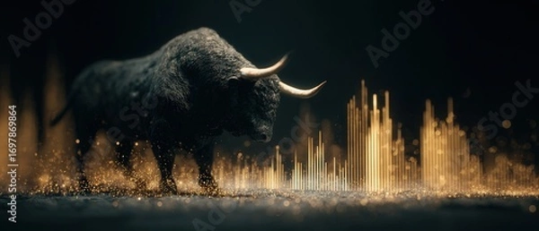 Fototapeta Bull market finance stock investment concept gold data growth. Symbolic representation of a bullish stock market.A strong black bull stands beside glowing gold financial data bars, representing growth