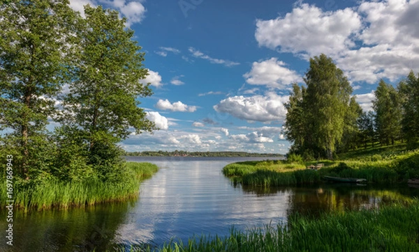 Fototapeta View of the Volga River and the quiet backwater from the high bank