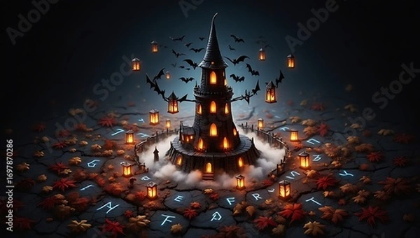 Fototapeta Magical wizarding hat surrounded by colorful lights and candles for a festive celebration