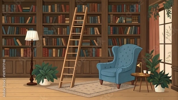 Fototapeta Classic bookshelf anime style watercolor background, old books in a library
