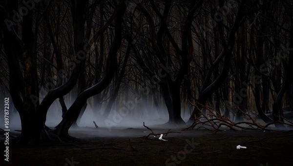 Fototapeta Enigmatic forest pathway illuminated by faint moonlight mysterious atmosphere dark trees silhouetted