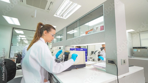 Fototapeta Scientist conducting research in a modern laboratory with advanced equipment during the day