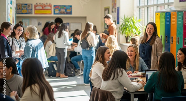 Fototapeta A dynamic, lifestyle photograph of a diverse group of students and teachers laughing and chatting in a school hallway or common area.