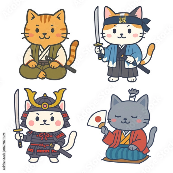 Fototapeta かわいい猫のサムライと将軍のイラストセット/Cute Samurai and Shogun Cat Illustration Set