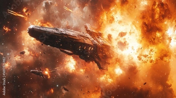 Fototapeta space battle scene near alien energy source, explosions, glowing lasers, spacecrafts in motion, cosmic background, photorealistic
