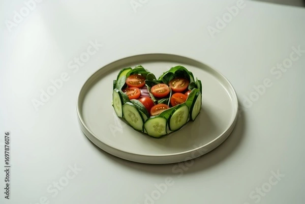 Fototapeta Fresh heart-shaped salad with vibrant tomatoes, crisp cucumbers, and leafy greens presented on a modern plate