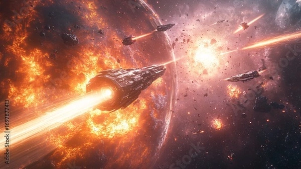 Fototapeta space battle scene near alien energy source, explosions, glowing lasers, spacecrafts in motion, cosmic background, photorealistic