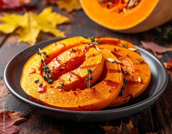 Fototapeta Grilled pumpkin slices with fresh thyme and seeds on a dark plate, surrounded by autumn leaves.