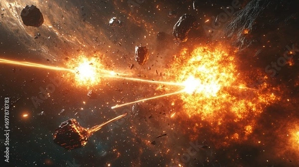 Fototapeta space battle scene near alien energy source, explosions, glowing lasers, spacecrafts in motion, cosmic background, photorealistic