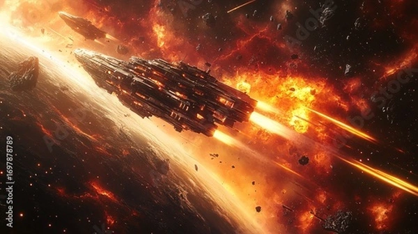 Fototapeta space battle scene near alien energy source, explosions, glowing lasers, spacecrafts in motion, cosmic background, photorealistic
