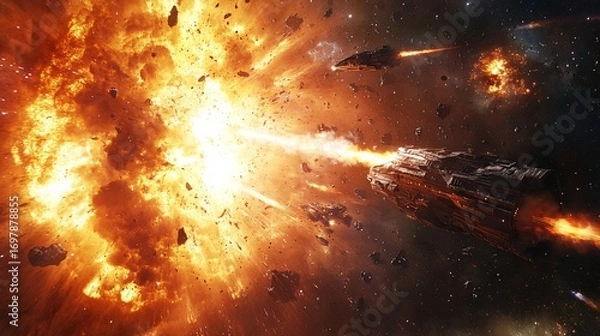 Fototapeta space battle scene near alien energy source, explosions, glowing lasers, spacecrafts in motion, cosmic background, photorealistic
