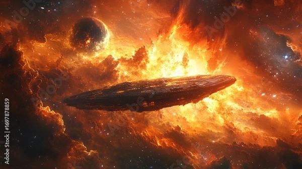 Fototapeta alien energy burst from ancient spaceship near glowing exoplanet, detailed nebula sky, photorealistic cosmic energy and stars, dramatic space tone