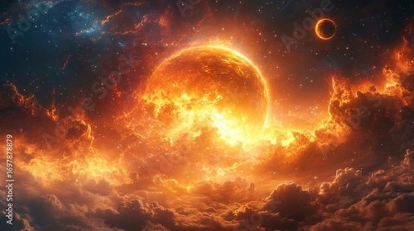 Fototapeta alien energy burst from ancient spaceship near glowing exoplanet, detailed nebula sky, photorealistic cosmic energy and stars, dramatic space tone