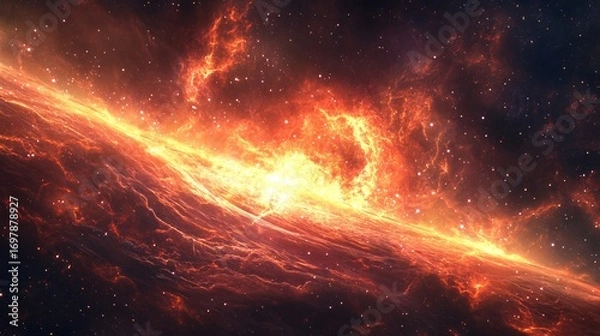 Fototapeta alien energy burst from ancient spaceship near glowing exoplanet, detailed nebula sky, photorealistic cosmic energy and stars, dramatic space tone