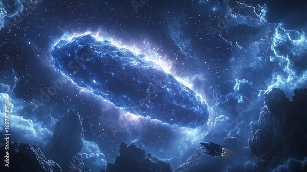 Fototapeta giant alien monolith floating in space emitting plasma waves, futuristic spaceship nearby, deep starfield background, cinematic sci-fi style