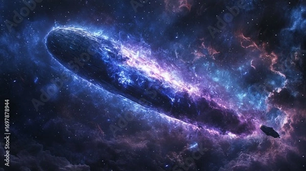 Fototapeta giant alien monolith floating in space emitting plasma waves, futuristic spaceship nearby, deep starfield background, cinematic sci-fi style
