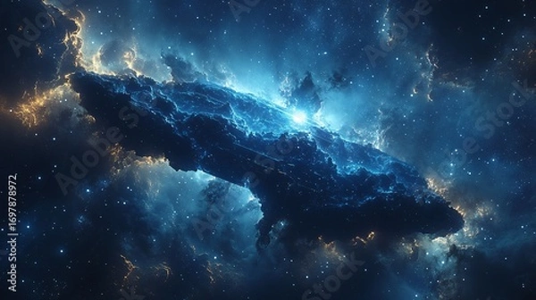 Fototapeta giant alien monolith floating in space emitting plasma waves, futuristic spaceship nearby, deep starfield background, cinematic sci-fi style