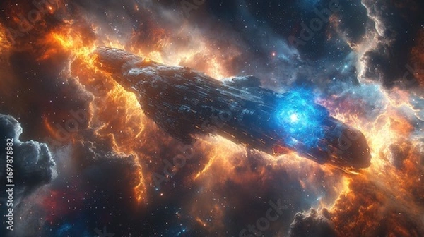 Fototapeta hyper-detailed space station harvesting alien energy from a blue star, colorful space clouds, realistic lighting and depth, interstellar view