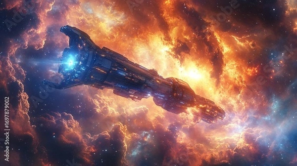 Fototapeta hyper-detailed space station harvesting alien energy from a blue star, colorful space clouds, realistic lighting and depth, interstellar view