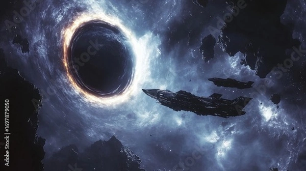 Fototapeta realistic spacecraft flying near glowing alien energy ring around a black hole, galactic backdrop, mysterious sci-fi scene in deep space