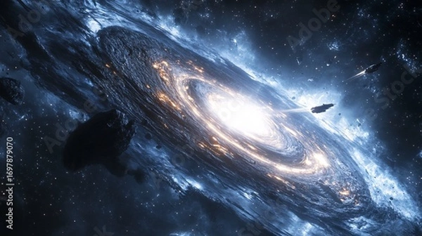 Fototapeta realistic spacecraft flying near glowing alien energy ring around a black hole, galactic backdrop, mysterious sci-fi scene in deep space