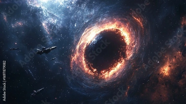 Fototapeta realistic spacecraft flying near glowing alien energy ring around a black hole, galactic backdrop, mysterious sci-fi scene in deep space