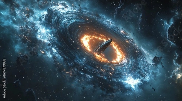 Fototapeta realistic spacecraft flying near glowing alien energy ring around a black hole, galactic backdrop, mysterious sci-fi scene in deep space