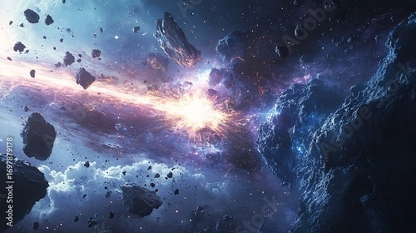Fototapeta advanced drones collecting alien plasma from energy core in asteroid field, sci-fi realism, stars and glowing debris around them
