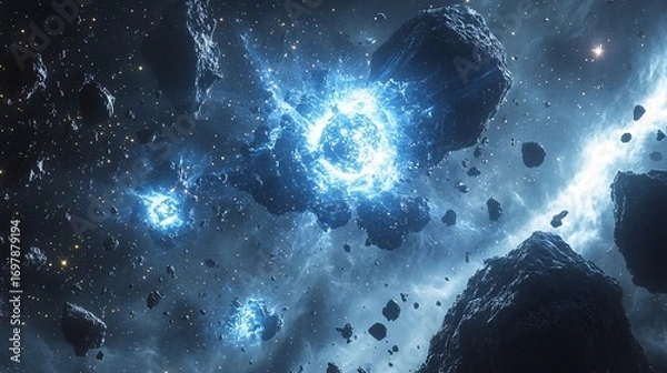 Fototapeta advanced drones collecting alien plasma from energy core in asteroid field, sci-fi realism, stars and glowing debris around them