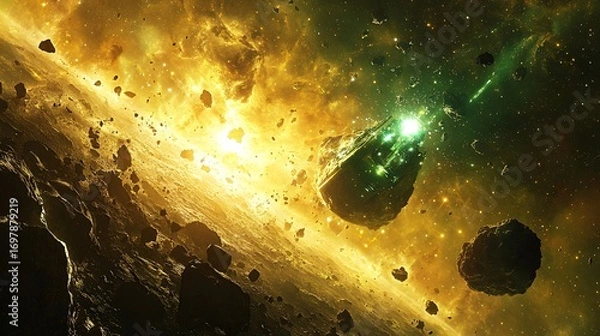 Fototapeta advanced drones collecting alien plasma from energy core in asteroid field, sci-fi realism, stars and glowing debris around them
