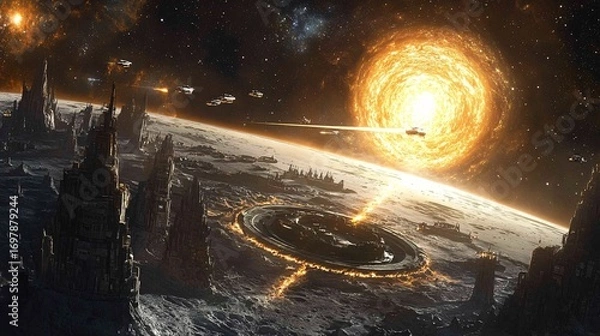 Fototapeta energy beam shooting from moon base into galaxy core, spacecrafts flying around, cinematic depth, ultra-realistic sci-fi concept art