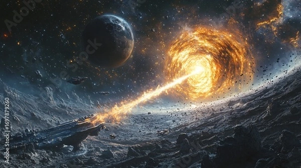 Fototapeta energy beam shooting from moon base into galaxy core, spacecrafts flying around, cinematic depth, ultra-realistic sci-fi concept art