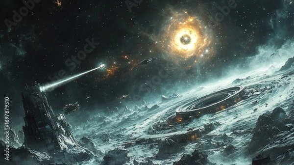 Fototapeta energy beam shooting from moon base into galaxy core, spacecrafts flying around, cinematic depth, ultra-realistic sci-fi concept art