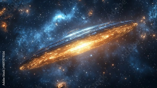 Fototapeta mysterious glowing object floating between stars, ancient alien tech radiating energy, dramatic cosmic composition, high realism
