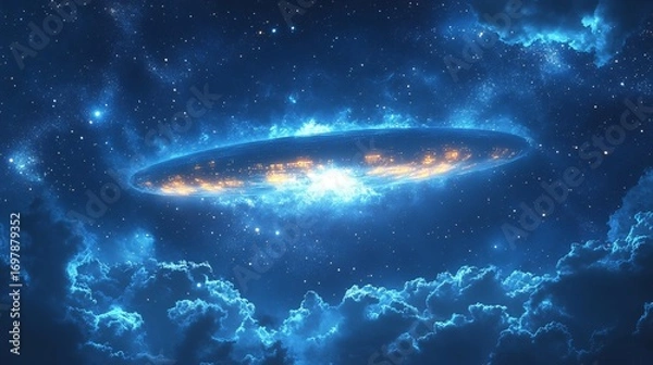 Fototapeta mysterious glowing object floating between stars, ancient alien tech radiating energy, dramatic cosmic composition, high realism