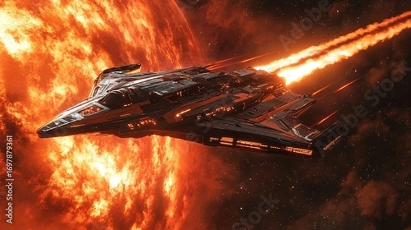 Fototapeta futuristic spaceship charging energy from a red giant star, photorealistic lighting, galactic horizon, ultra-detailed sci-fi visual