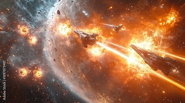 Fototapeta space battle scene near alien energy source, explosions, glowing lasers, spacecrafts in motion, cosmic background, photorealistic