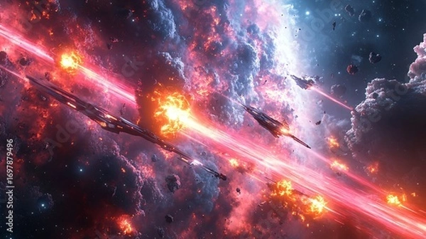 Fototapeta space battle scene near alien energy source, explosions, glowing lasers, spacecrafts in motion, cosmic background, photorealistic