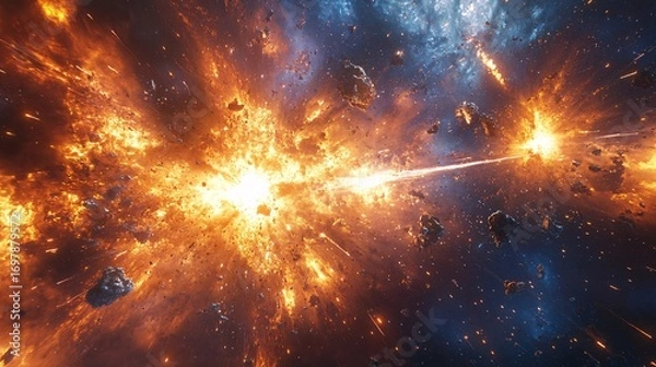 Fototapeta space battle scene near alien energy source, explosions, glowing lasers, spacecrafts in motion, cosmic background, photorealistic