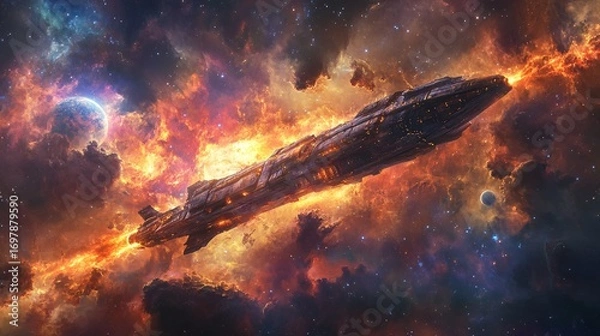 Fototapeta alien energy burst from ancient spaceship near glowing exoplanet, detailed nebula sky, photorealistic cosmic energy and stars, dramatic space tone
