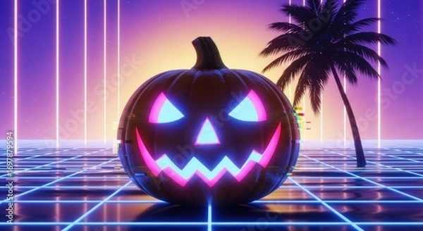 Fototapeta A retro synthwave jack-o'-lantern glows with neon light