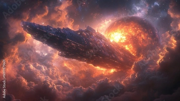 Fototapeta alien energy burst from ancient spaceship near glowing exoplanet, detailed nebula sky, photorealistic cosmic energy and stars, dramatic space tone
