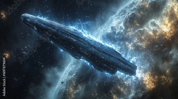 Fototapeta giant alien monolith floating in space emitting plasma waves, futuristic spaceship nearby, deep starfield background, cinematic sci-fi style