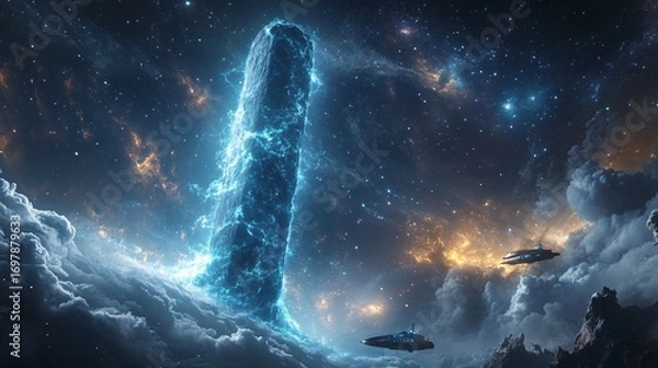 Fototapeta giant alien monolith floating in space emitting plasma waves, futuristic spaceship nearby, deep starfield background, cinematic sci-fi style