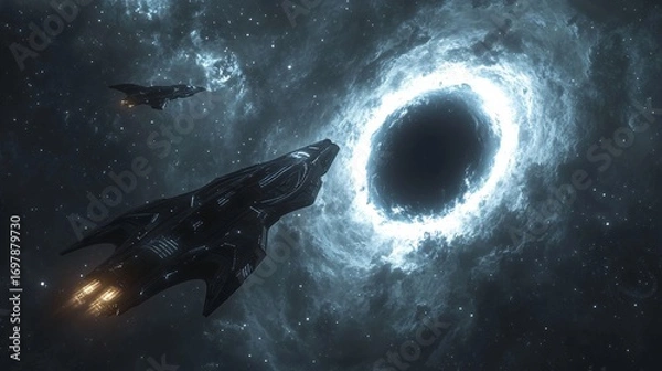 Fototapeta realistic spacecraft flying near glowing alien energy ring around a black hole, galactic backdrop, mysterious sci-fi scene in deep space