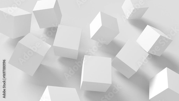 Fototapeta Group of white cubes rolling on gray background. Isolated. 3d illustration.