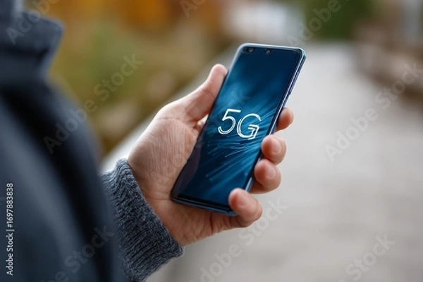 Fototapeta Close-up of a hand holding a modern smartphone with 5g symbol